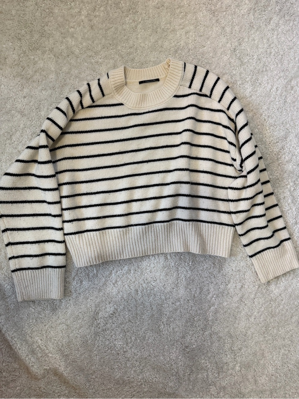 T Tahari Cream and Black Striped Crewneck Sweater